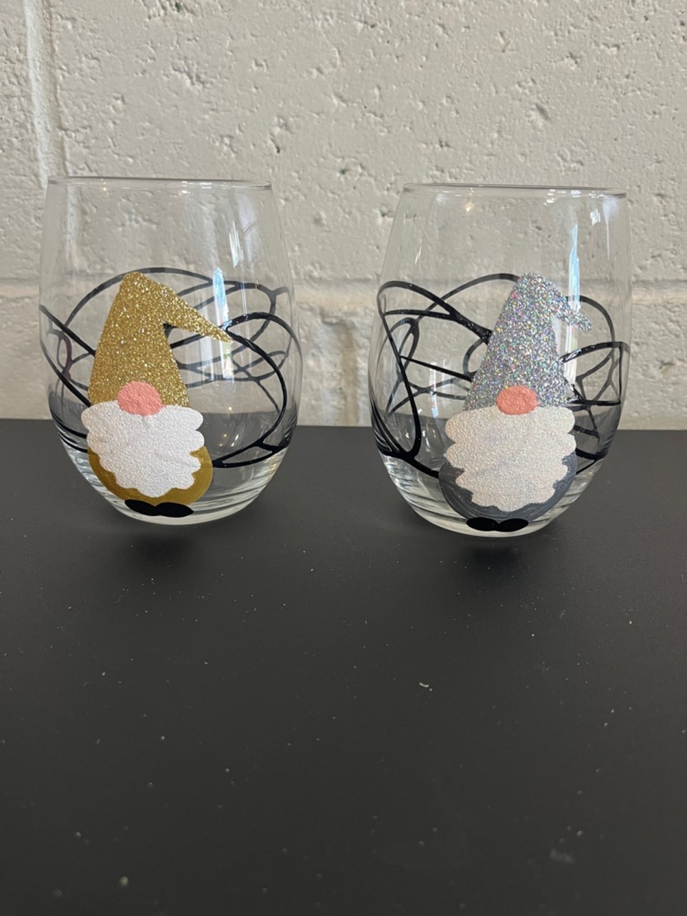 Amy Lee Stemless Gnome Wine Glasses - Gold & Silver Handpainted by Pgh Artist